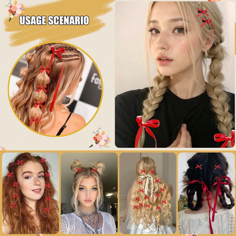 SAOROPEB Mini Hair Bows for Women Girls Cute Hair Clips Small Alligator Long Tail Hair Ribbon Accessories -3 Styles -22P - Red - Image 3
