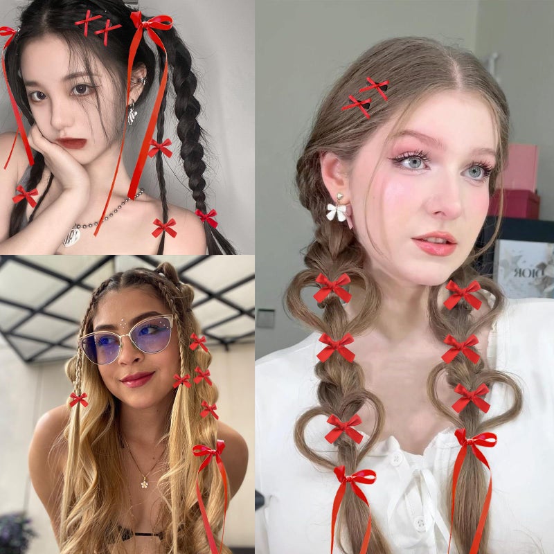 SAOROPEB Mini Hair Bows for Women Girls Cute Hair Clips Small Alligator Long Tail Hair Ribbon Accessories -3 Styles -22P - Red - Image 4