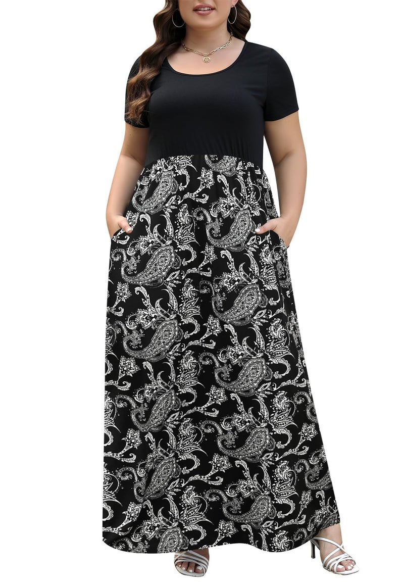 Nemidor Plus Size Maxi Dresses for Curvy Women Casual Summer Short Sleeve Chevron Print Long Dress with Pocket 14-26(155,22,Black Cashew) - Image 1