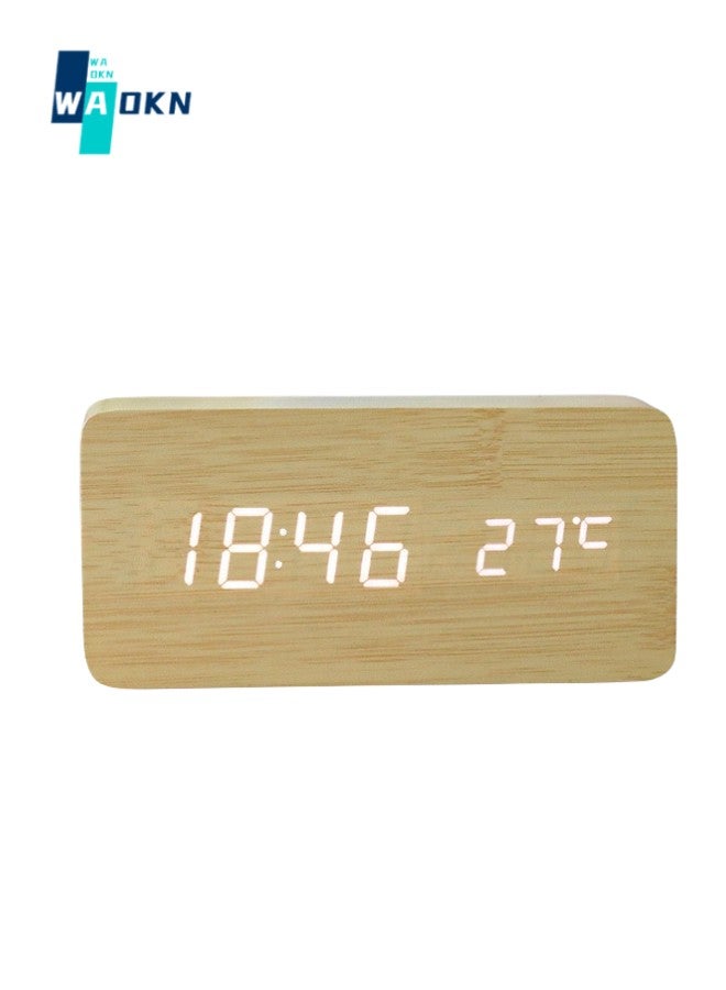 WAOKN Wooden Digital Alarm Clock with 3 Groups of Alarm Settings, Temperature Display Bedside Clock Supports USB Cable and AAA Battery Power Supply, Suitable for Bedroom, Side, Kitchen (Light Brown)  - Image 1