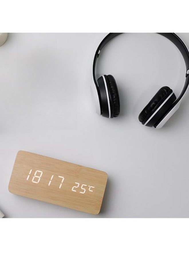 WAOKN Wooden Digital Alarm Clock with 3 Groups of Alarm Settings, Temperature Display Bedside Clock Supports USB Cable and AAA Battery Power Supply, Suitable for Bedroom, Side, Kitchen (Light Brown)  - Image 2
