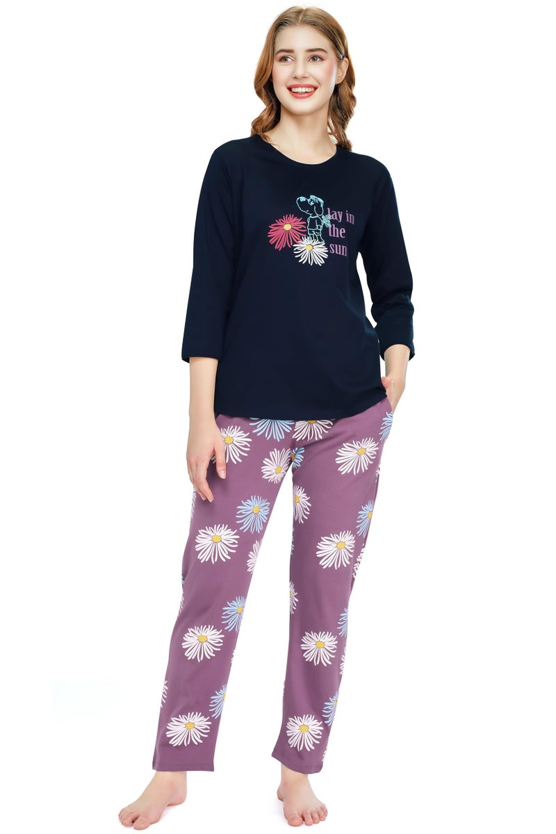 ZEYO Night Suit for Women's Navy Blue Floral Printed Cotton Night Dress of Top and Pajama Set 5785 - Image 1