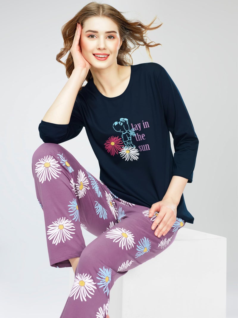 ZEYO Night Suit for Women's Navy Blue Floral Printed Cotton Night Dress of Top and Pajama Set 5785 - Image 3