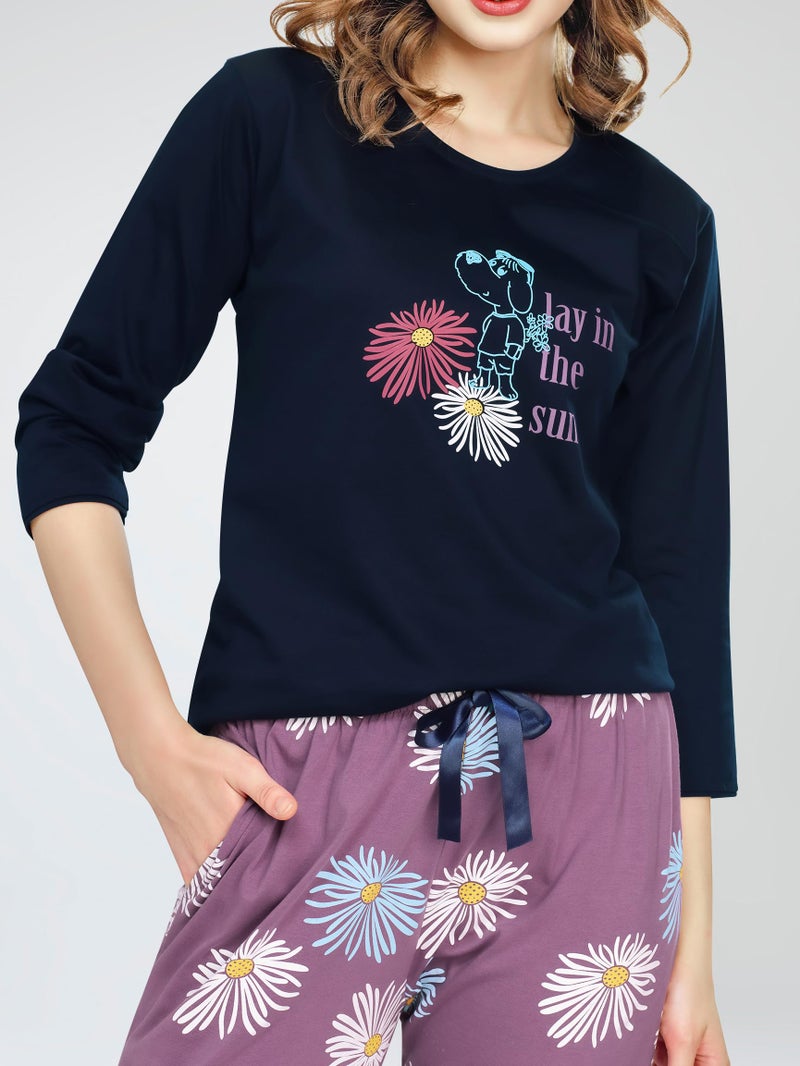 ZEYO Night Suit for Women's Navy Blue Floral Printed Cotton Night Dress of Top and Pajama Set 5785 - Image 2