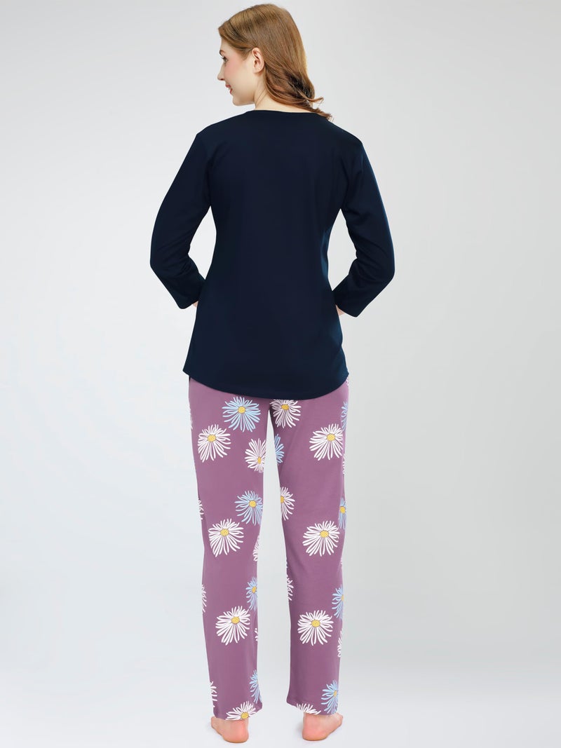ZEYO Night Suit for Women's Navy Blue Floral Printed Cotton Night Dress of Top and Pajama Set 5785 - Image 5