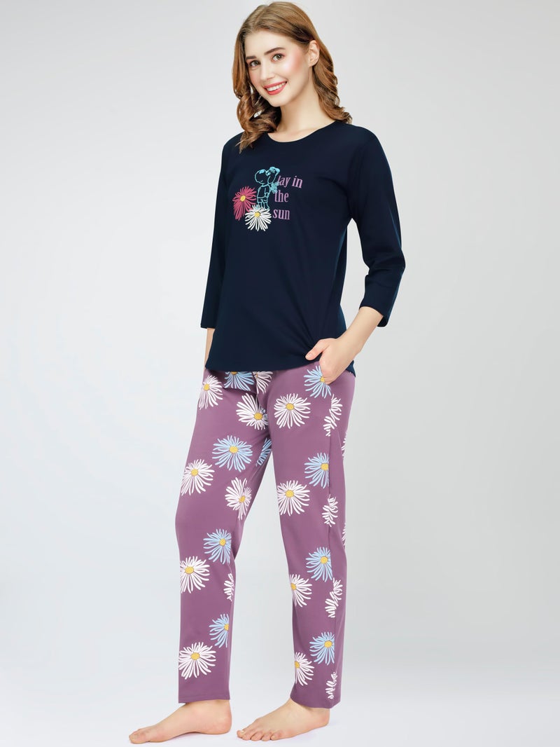 ZEYO Night Suit for Women's Navy Blue Floral Printed Cotton Night Dress of Top and Pajama Set 5785 - Image 4