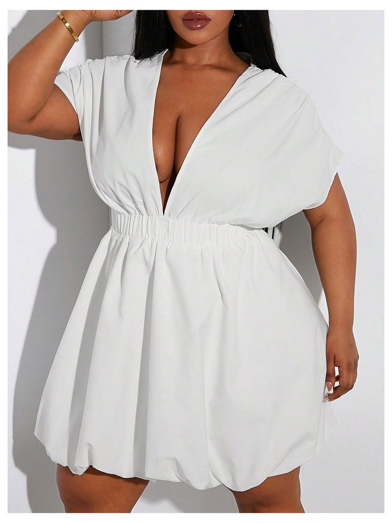 WDIRARA Women's Plus Size Deep V Neck Bubble Dress Short Sleeve A Line Mini Dresses White X-Large Plus - Image 3
