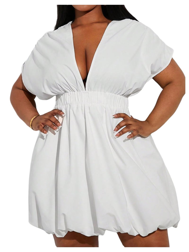 WDIRARA Women's Plus Size Deep V Neck Bubble Dress Short Sleeve A Line Mini Dresses White X-Large Plus - Image 1