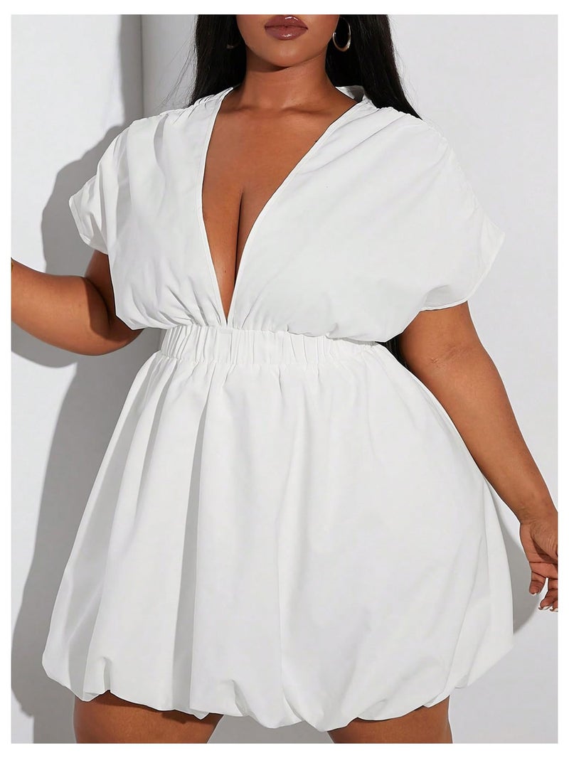 WDIRARA Women's Plus Size Deep V Neck Bubble Dress Short Sleeve A Line Mini Dresses White X-Large Plus - Image 5