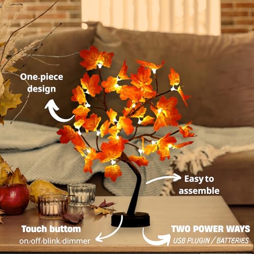 Nakolulu Artificial Fall Lighted Maple Tree 24 LED Thanksgiving Decorations BatteryUSB Operated Prelit Small Tree for Halloween Wedding Party Indoor Autumn Harvest Home Fall Decor - Image 3