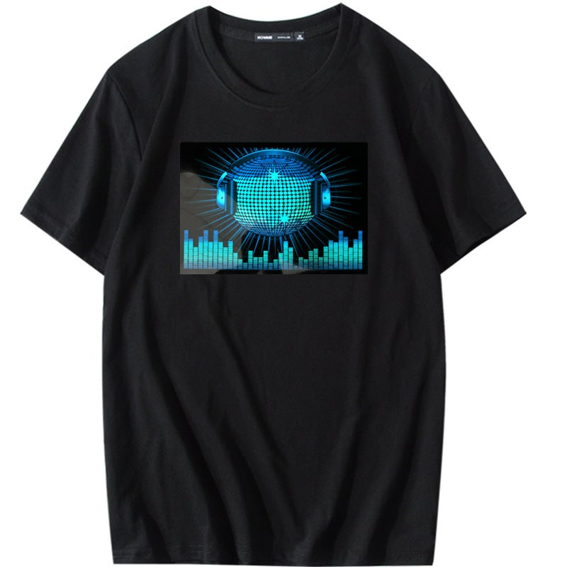 Tiktok same led voice-controlled luminous clothes luminous flash disco jumping couple round neck short sleeve cotton T-shirt men and women fashion Planet 