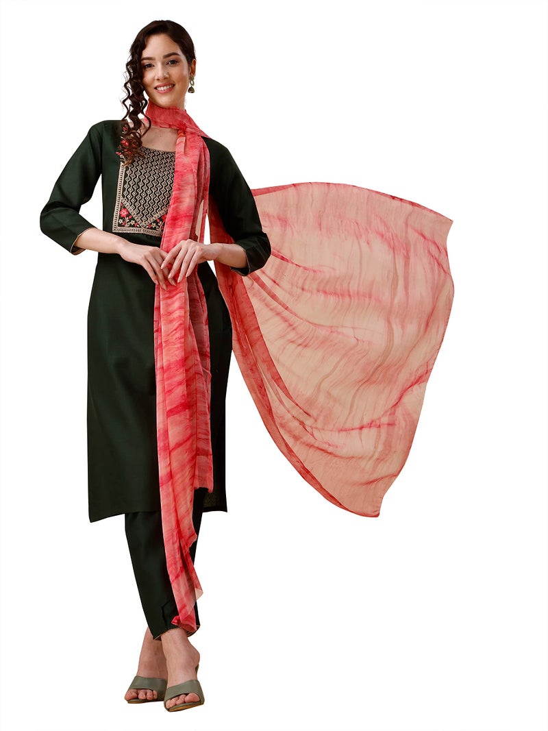 EthnicJunction Women's Embroidered Cotton Blend A-Line Kurta Pant with Dupatta Set (SKD32-Angel-Bottle Green_S_Bottle Green) - Image 1