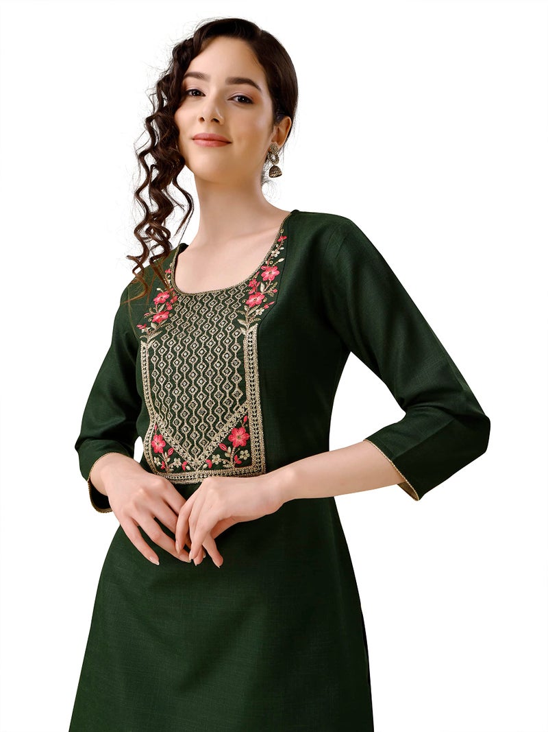 EthnicJunction Women's Embroidered Cotton Blend A-Line Kurta Pant with Dupatta Set (SKD32-Angel-Bottle Green_S_Bottle Green) - Image 5