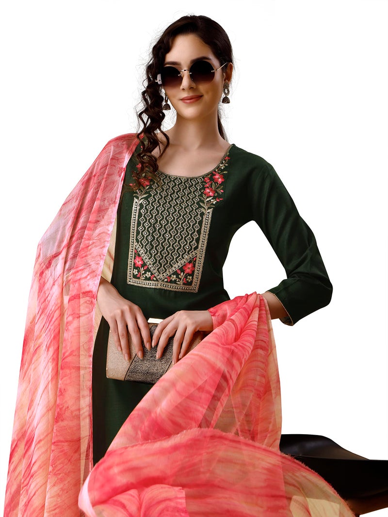 EthnicJunction Women's Embroidered Cotton Blend A-Line Kurta Pant with Dupatta Set (SKD32-Angel-Bottle Green_S_Bottle Green) - Image 3