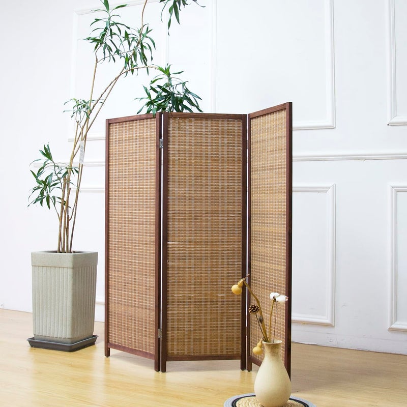Furnnylane 3 Panel Short Room Divider Screen,Brown Freestanding Partition,Small Bamboo Panel Divider for Room Seperation,3.95 FT Tall - Image 1