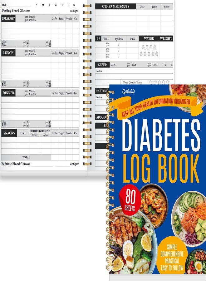 Gethelud Diabetes Log Book, 80 Sheets Food & Blood Sugar Track Journal Spiral Bound Notebook for Types 1 & 2 Diabetics, Attached Diabetes Food List for BG Control & Meal Plan - Image 1