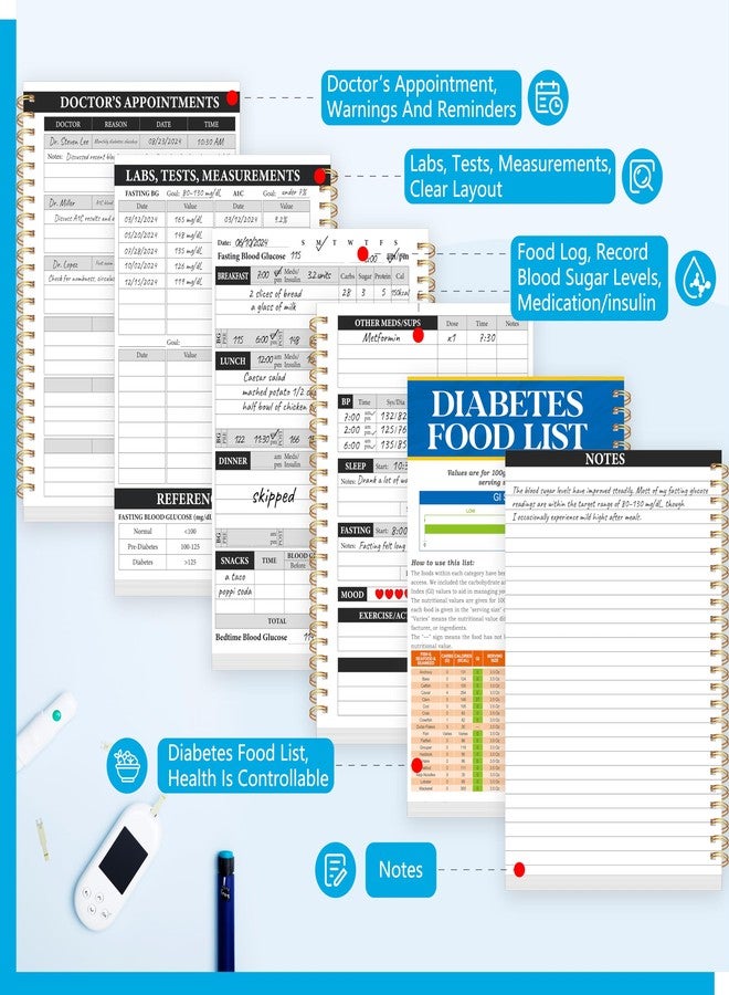 Gethelud Diabetes Log Book, 80 Sheets Food & Blood Sugar Track Journal Spiral Bound Notebook for Types 1 & 2 Diabetics, Attached Diabetes Food List for BG Control & Meal Plan - Image 3