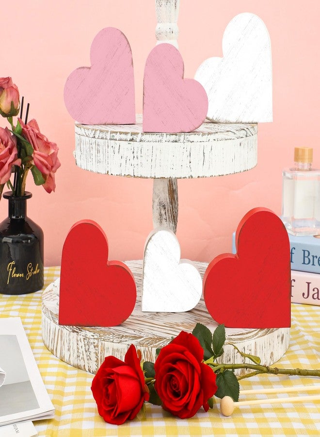 Fairooth 6 Pcs Valentines Day Heart Wooden Signs Farmhouse Love Heart Tabletop Centerpieces Red Pink White Hearts Tiered Tray Decor for Valentines Day Wedding Party Home Kitchen Shelf Table Decorations - Image 3