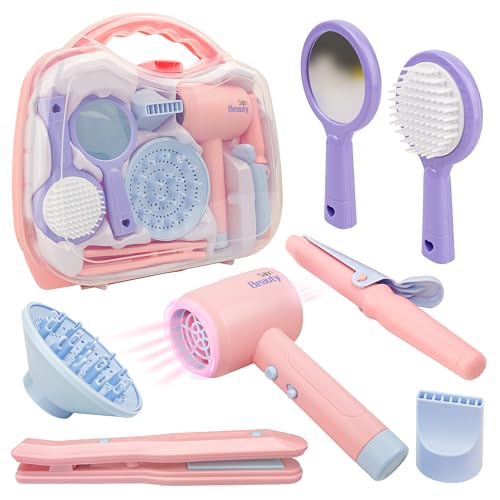SMILESSKIDDO Hair Salon Toys for Girls Pretend Play Hair Styling Toy Set with Realistic Blow Dryer Hair Straightener Kids Beauty Play Set Including Curling Iron Brushes Storage Case - Image 1