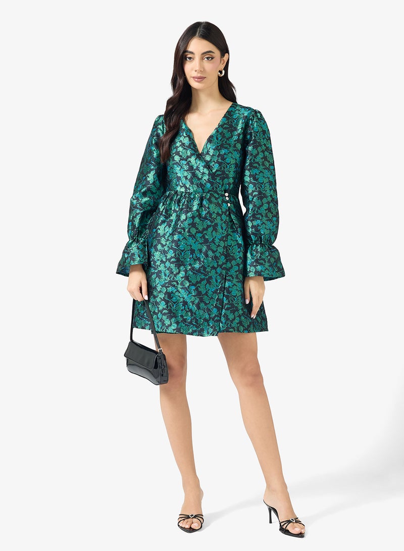 ياس فستان ميدي بياقة على شكل حرف  وأكمام الجرس مطبوع - Image 4