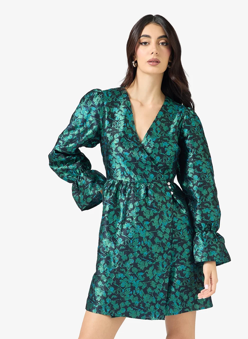 Printed Bell Sleeve V Neck Midi Dress