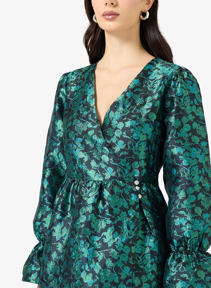 ياس فستان ميدي بياقة على شكل حرف  وأكمام الجرس مطبوع - Image 3