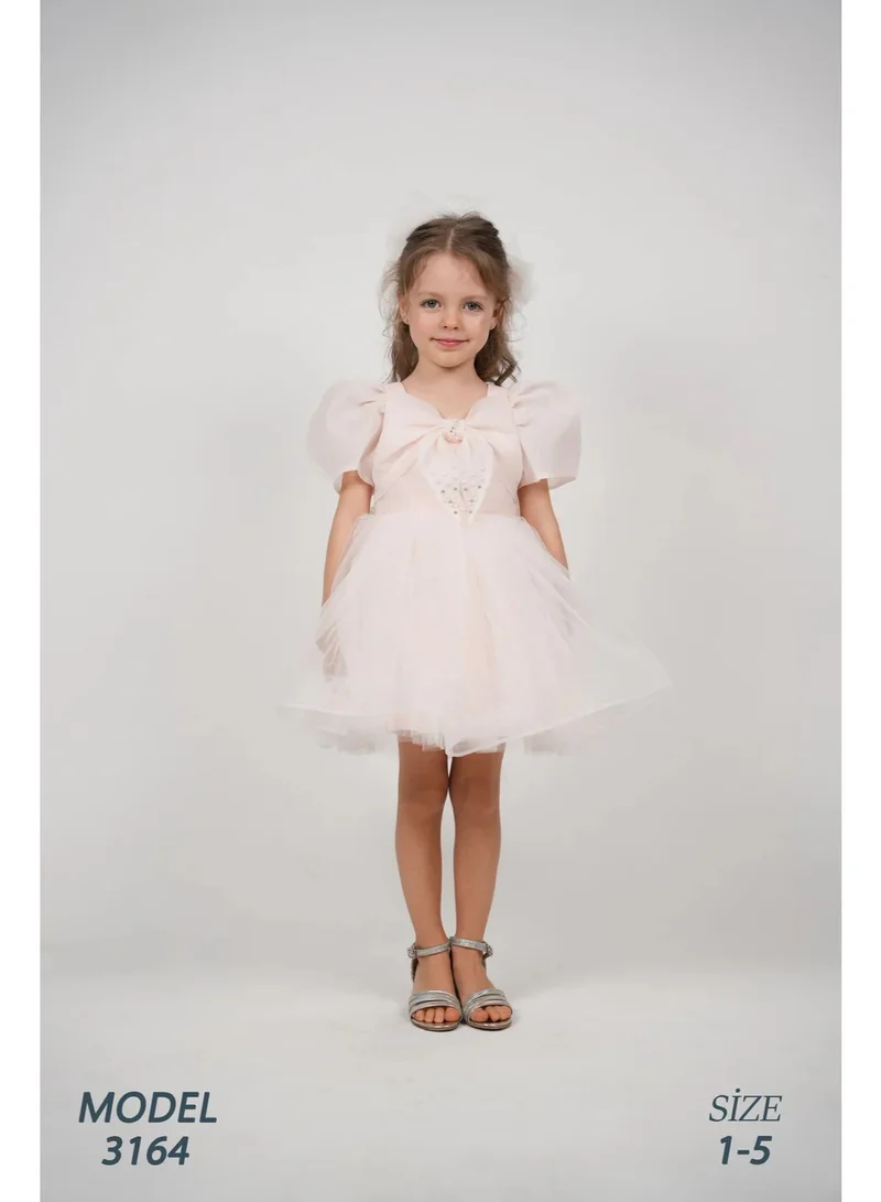 فيا بامبينو Blush Bow Puff-Sleeve Tulle Salmon Dress