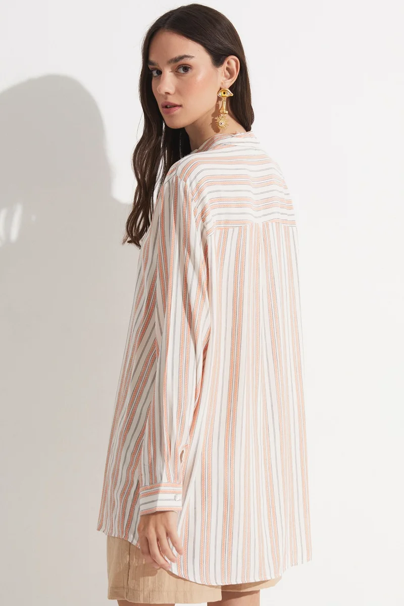 JUNE Women's Exclusive Boyfriend/Wide Pattern Striped 100% Viscose Woven Shirt