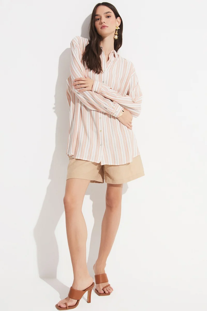 JUNE Women's Exclusive Boyfriend/Wide Pattern Striped 100% Viscose Woven Shirt
