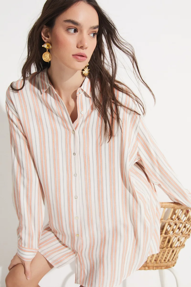 JUNE Women's Exclusive Boyfriend/Wide Pattern Striped 100% Viscose Woven Shirt