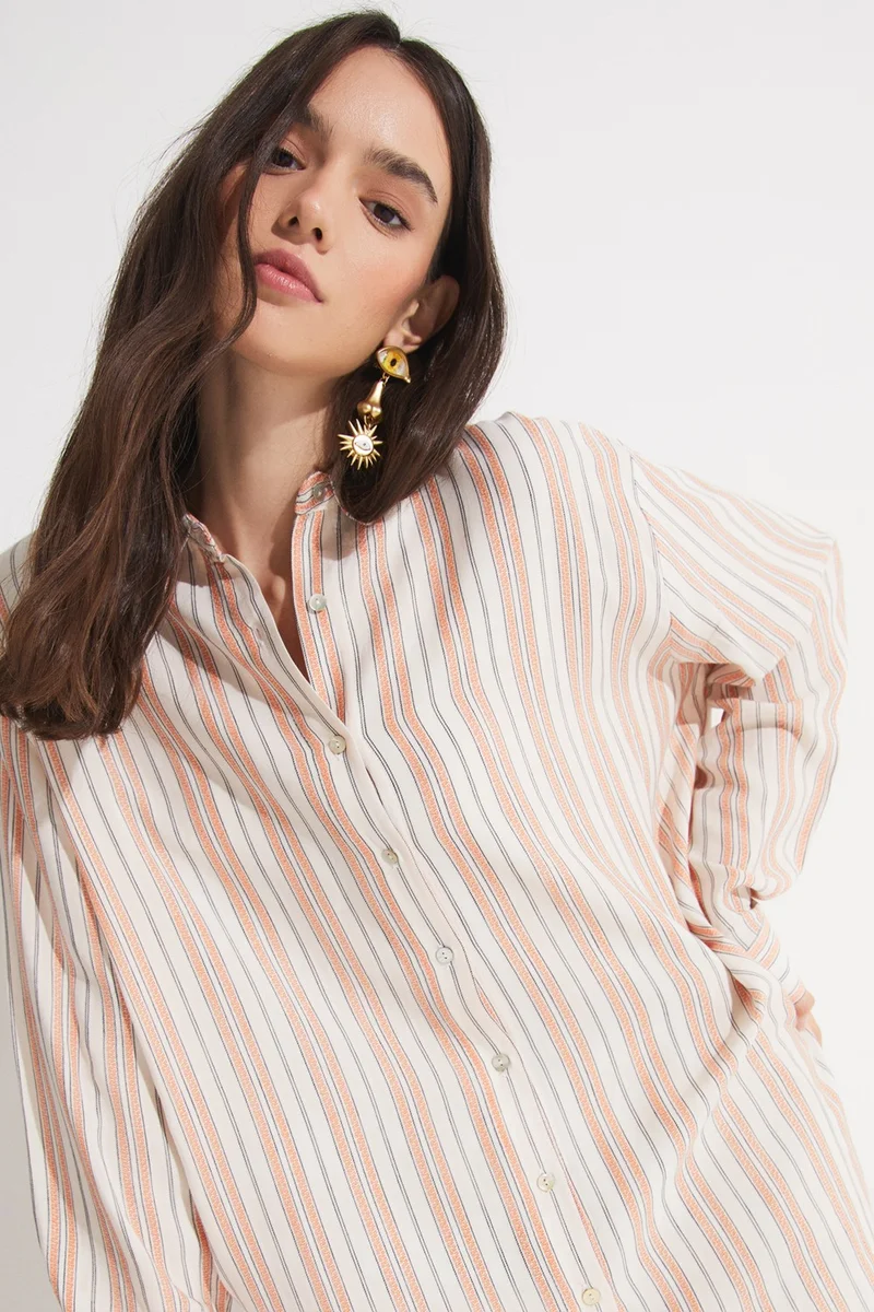 JUNE Women's Exclusive Boyfriend/Wide Pattern Striped 100% Viscose Woven Shirt