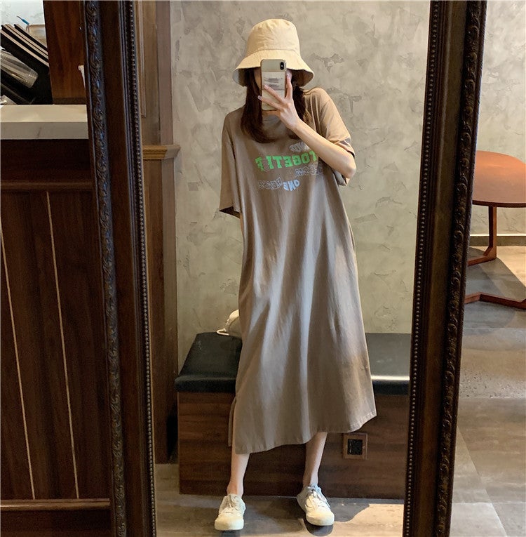 Summer Cotton Long Tee Shirt Dress with Pocket and Letter Print for Women Brown