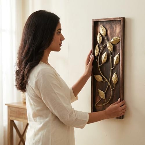 vedas Exports Gold Metal Wall Decor for Living Room – Metal & MDF Leaf Wall Art Panel – Modern Wall Hanging Decoration for Home, Bedroom, Dining Room, Office (8 x 20 Inch) - Image 2