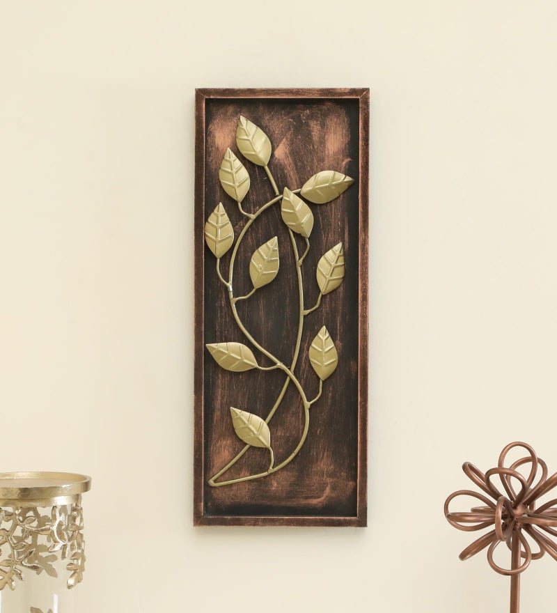 vedas Exports Gold Metal Wall Decor for Living Room – Metal & MDF Leaf Wall Art Panel – Modern Wall Hanging Decoration for Home, Bedroom, Dining Room, Office (8 x 20 Inch) - Image 1