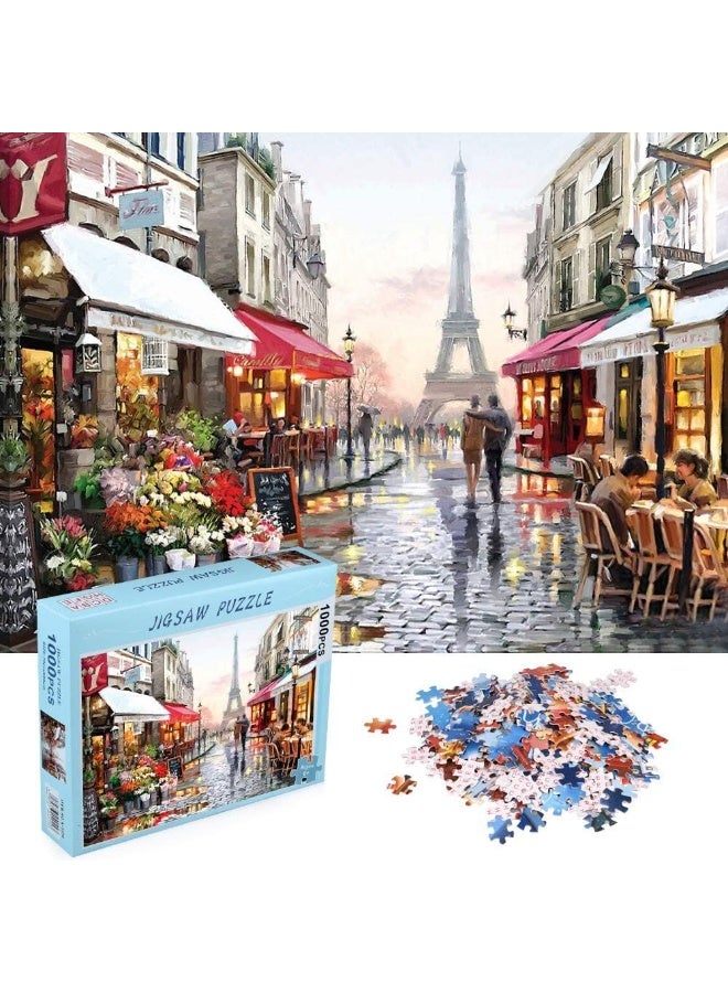 KASTWAVE Jigsaw 1000 Piece Adult, Flower Shop Landscape Puzzle Under the Eiffel Tower, Puzzle Game for Family Play Toy Gift - Image 1