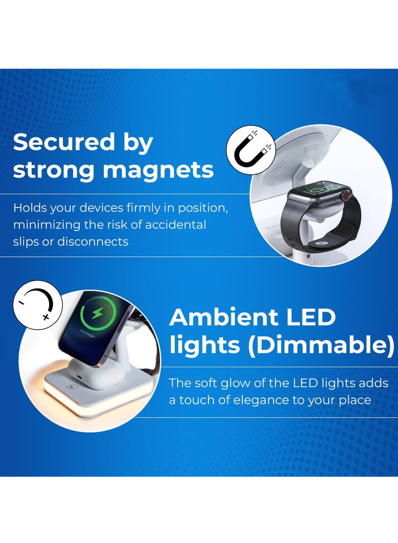Excefore Magnetic 4-in-1 Wireless Charging Station, Fast Charging Stand with LED Night Lamp, Fast Wireless Charging Pad, Compatible with iPhone, iWatch, Airpods, Mag-Safe Wireless Charger (White) - Image 3