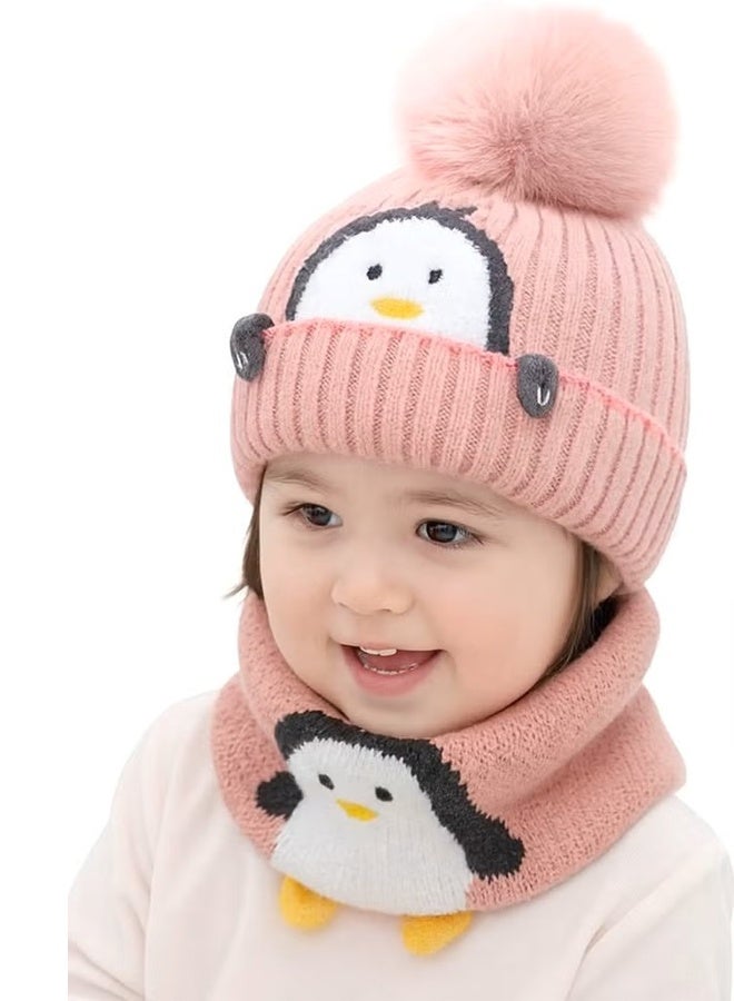 طقم قبعة ووشاح شتوي محبوك برسومات بطريق كرتونية مكون من قطعتين للأطفال الرضع والأطفال الصغار من عمر 0 ​​إلى 4 سنوات، قبعة دافئة محبوكة وغطاء للرقبة للأولاد والبنات - Image 2