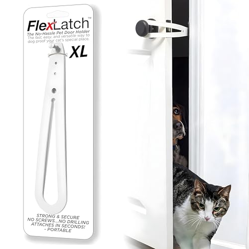 FlexLatch Cat Door Holder Latch Extra Large Cat Door Alternative Installs Fast Flex Latch Strap Lets Cats in and Keeps Dogs Out of Litter Food Safe Baby Proof One Piece No Measuring Extra Easy