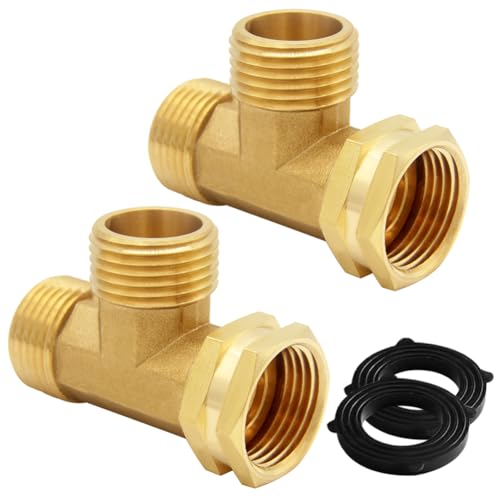 Uenede 2PCS Brass 34 Inch GHT Swivel Tee Pipe Fitting 34 GHT Male x Male x Female for Garden Hose Threaded Tube Pipe Fittings - Image 1