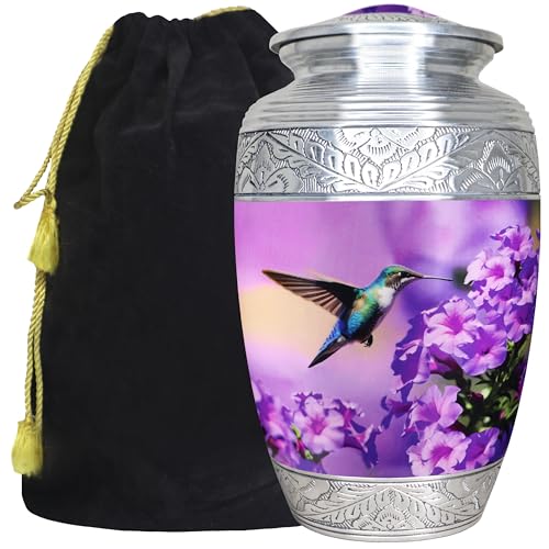 M MEILINXU Urn for Ashes for Women & Man, Cremation Urns for Human Ashes Adult Female & Male, Funeral Decorative, Engraving Urn, Purple Flower and Hummingbird - Large Full Size - Image 2
