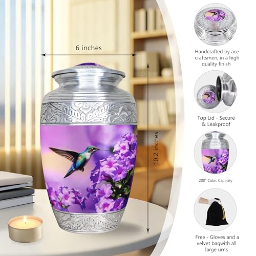 M MEILINXU Urn for Ashes for Women & Man, Cremation Urns for Human Ashes Adult Female & Male, Funeral Decorative, Engraving Urn, Purple Flower and Hummingbird - Large Full Size - Image 3