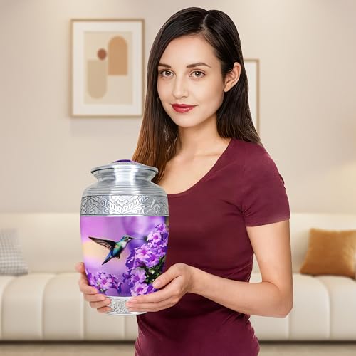 M MEILINXU Urn for Ashes for Women & Man, Cremation Urns for Human Ashes Adult Female & Male, Funeral Decorative, Engraving Urn, Purple Flower and Hummingbird - Large Full Size - Image 5