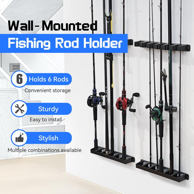 Tcakelox Fishing Rod Holder for Garage Fishing Pole Holders Fishing Rod Rack Vertical Wall-Mounted for Garage Stores 6 Rods or Combos Fits Most Rod Diameters (Vertical Black, 1 Pair) - Image 2