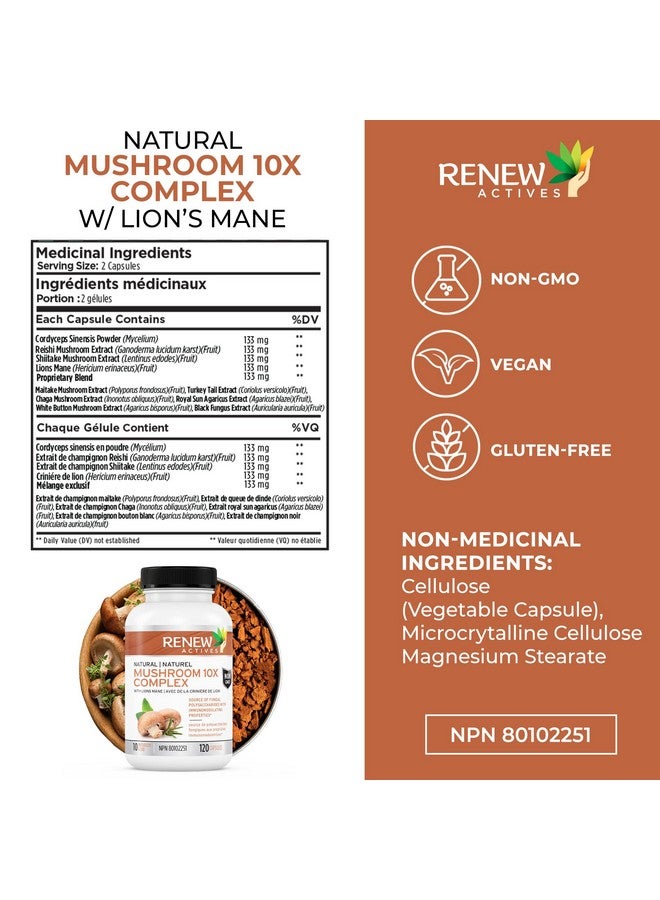 Renew Actives Mushroom Complex Supplement: Premium Mushroom 10X Complex With Reishi Lions Mane Cordyceps Chaga Turkey Tail And Maitake For Energy Immune And Brain Support 120 Veggie Capsules - Image 5