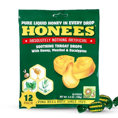 Honees Filled Menthol Cough Drops, Honey, Menthol & Eucalyptus Cough Drops- Natural Sore Throat Relief - Nothing Artificial -Throat Lozenges, Non-GMO, Gluten Free (12 Pack –240 Drops) - Image 1