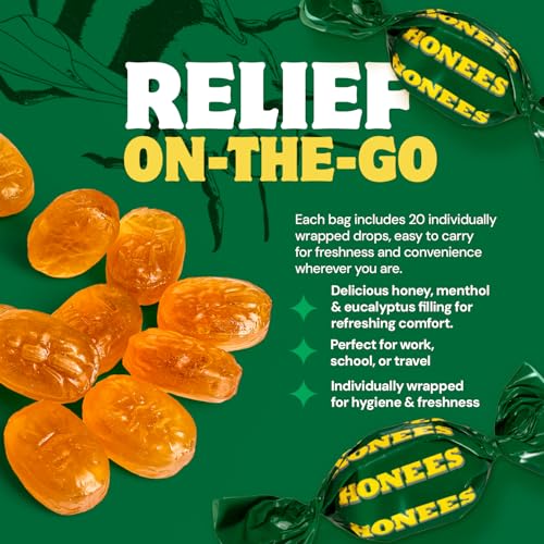 Honees Filled Menthol Cough Drops, Honey, Menthol & Eucalyptus Cough Drops- Natural Sore Throat Relief - Nothing Artificial -Throat Lozenges, Non-GMO, Gluten Free (12 Pack –240 Drops) - Image 3