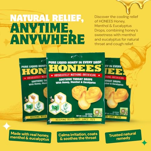 Honees Filled Menthol Cough Drops, Honey, Menthol & Eucalyptus Cough Drops- Natural Sore Throat Relief - Nothing Artificial -Throat Lozenges, Non-GMO, Gluten Free (12 Pack –240 Drops) - Image 2
