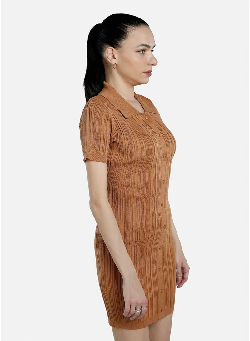 London Rag London Rag Women's Camel Collared Bodycon Sweater Dress