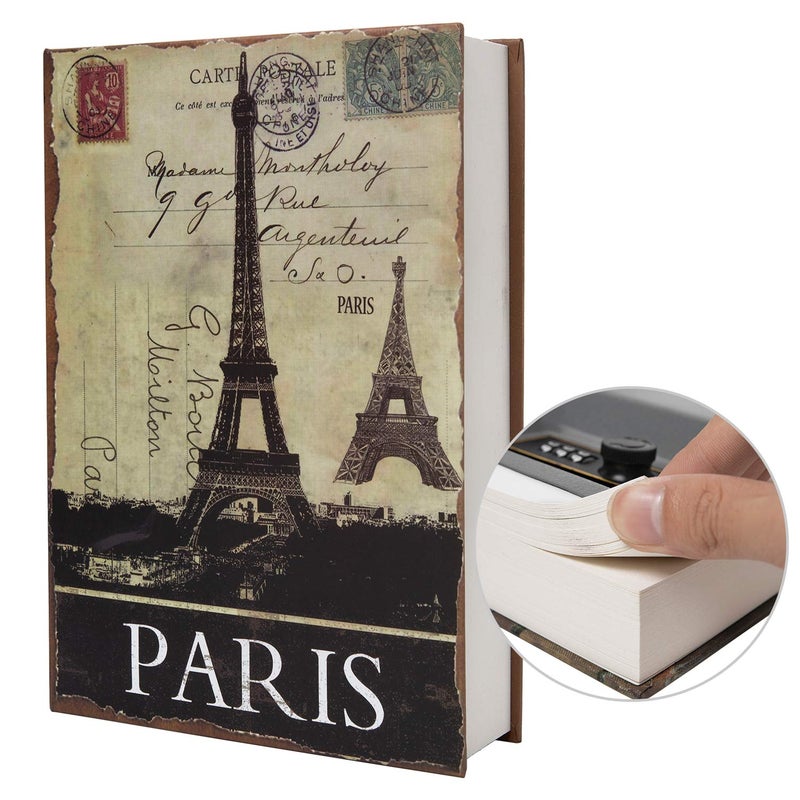 PACOLO Real Paper Transfer Book Safe, Hollow with Secret Hidden Compartment, Combination Lock, 8.7"Ã—6"Ã—2" (Paris-Combination) - Image 1