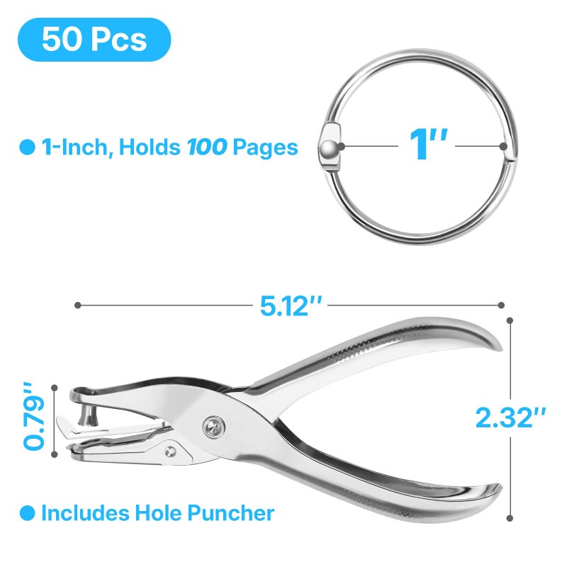 OWLKELA 1 Inch Binder Rings (50 Pack), Nickel-Plated Metal Rings, Includes Key Ring Clip and Hole Puncher, Key Rings Great for DIY Projects, File Organization and Crafts - Image 2